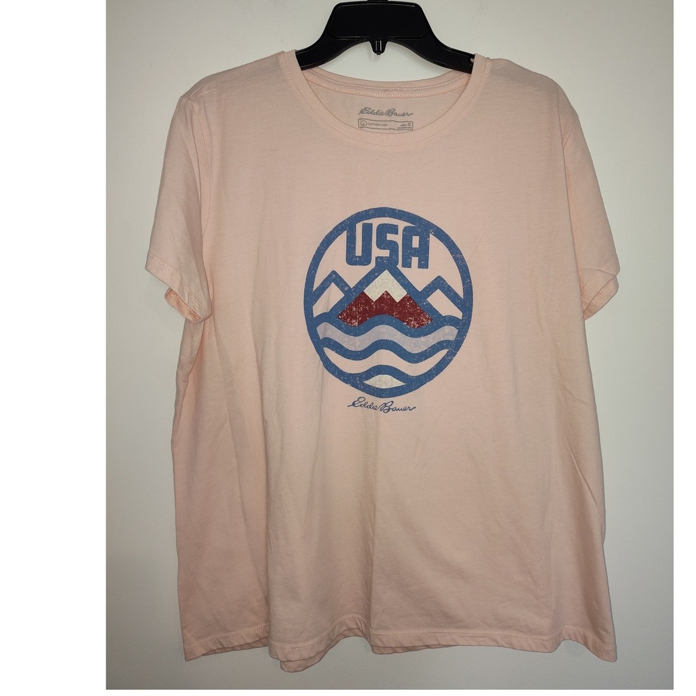 Eddie Bauer USA Mountain Graphic Tee Peach Pink Womens XL Short Sleeve T-Shirt